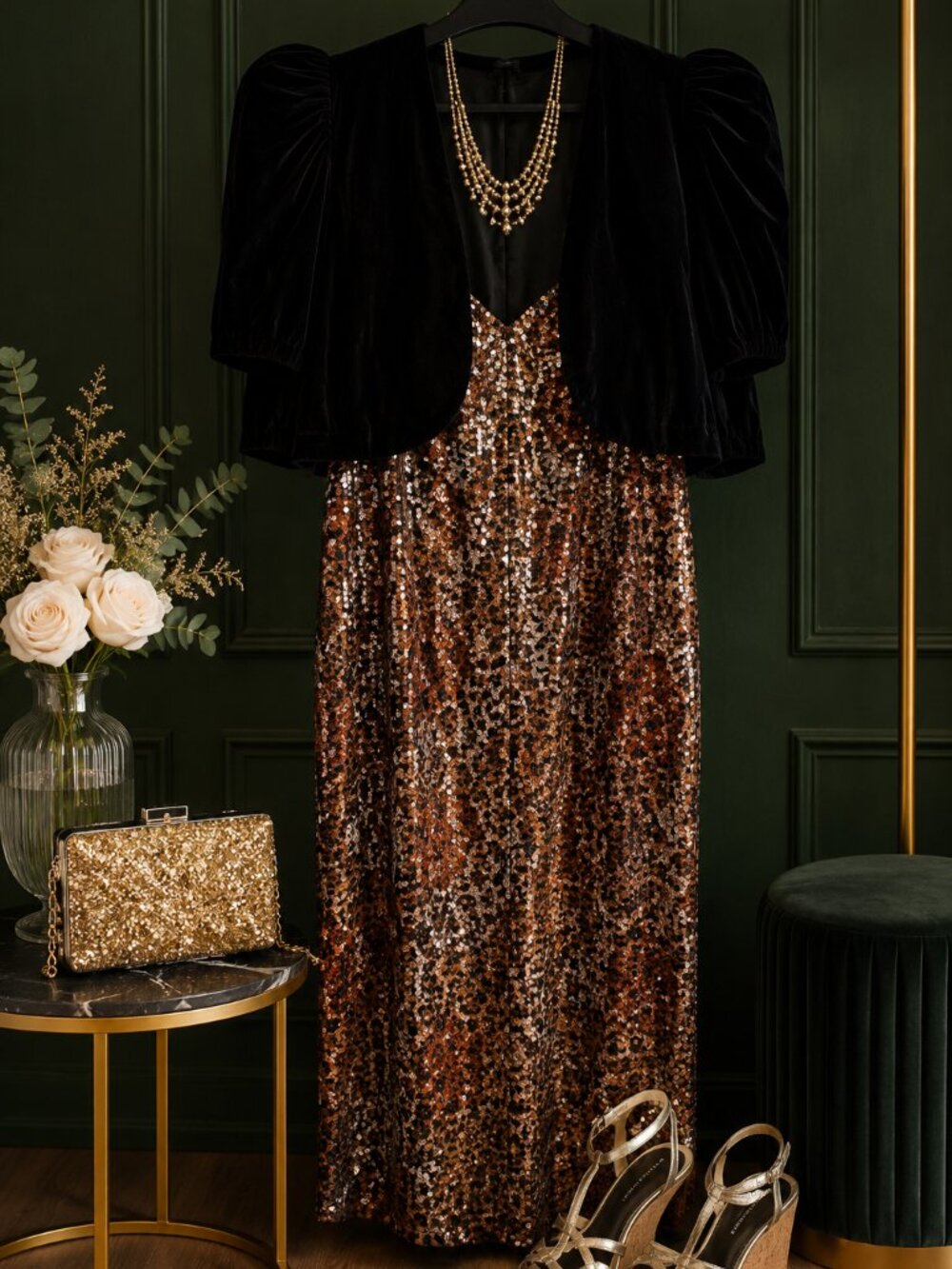 Y2K Vintage Pantagis Animal Print Sequin Cocktail Dress Size 20
